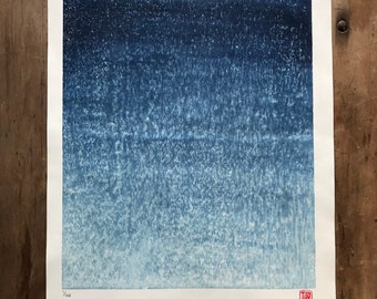 Japanese Woodblock print, large original artwork, printmaking, Prussian blue, texture, abstract, Woodcut