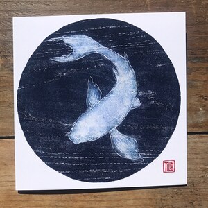 Pack of 5 Koi cards, woodblock print, nature, blue, blank inside, art, special, unique, woodcut, printmaking, fish, wood grain image 5