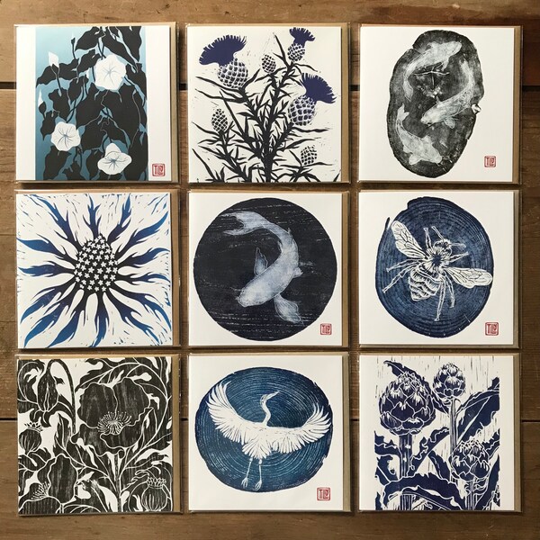 Pack of 9 cards, woodcut, lino print, printmaking, thistle, sea holly, artichoke, red hot poker, heron, koi, bee, woodblock print, lino cut