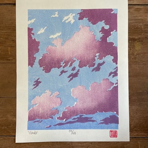 Clouds Japanese Woodblock print, printmaking, woodcut, sky, blue, print, artwork, wall art, hand pulled print, handmade, original