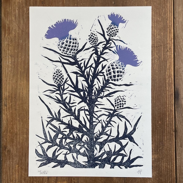 Thistle Linocut Print, Blue Purple Flowers, Artist Proof Wall Art