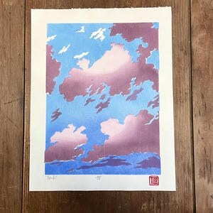 雲 日本の木版画 わずかな秒、版画、木版画、空色、印刷、アートワーク、手刷りの印刷、手作り、オリジナル