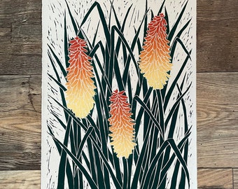 Kniphofia lino print, Large original linocut, artwork, modern botanical art, printmaking