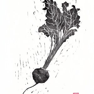 Beetroot woodblock print, black, woodcut, Japanese, hand pulled print, nature, printmaking, vegetable, leaves