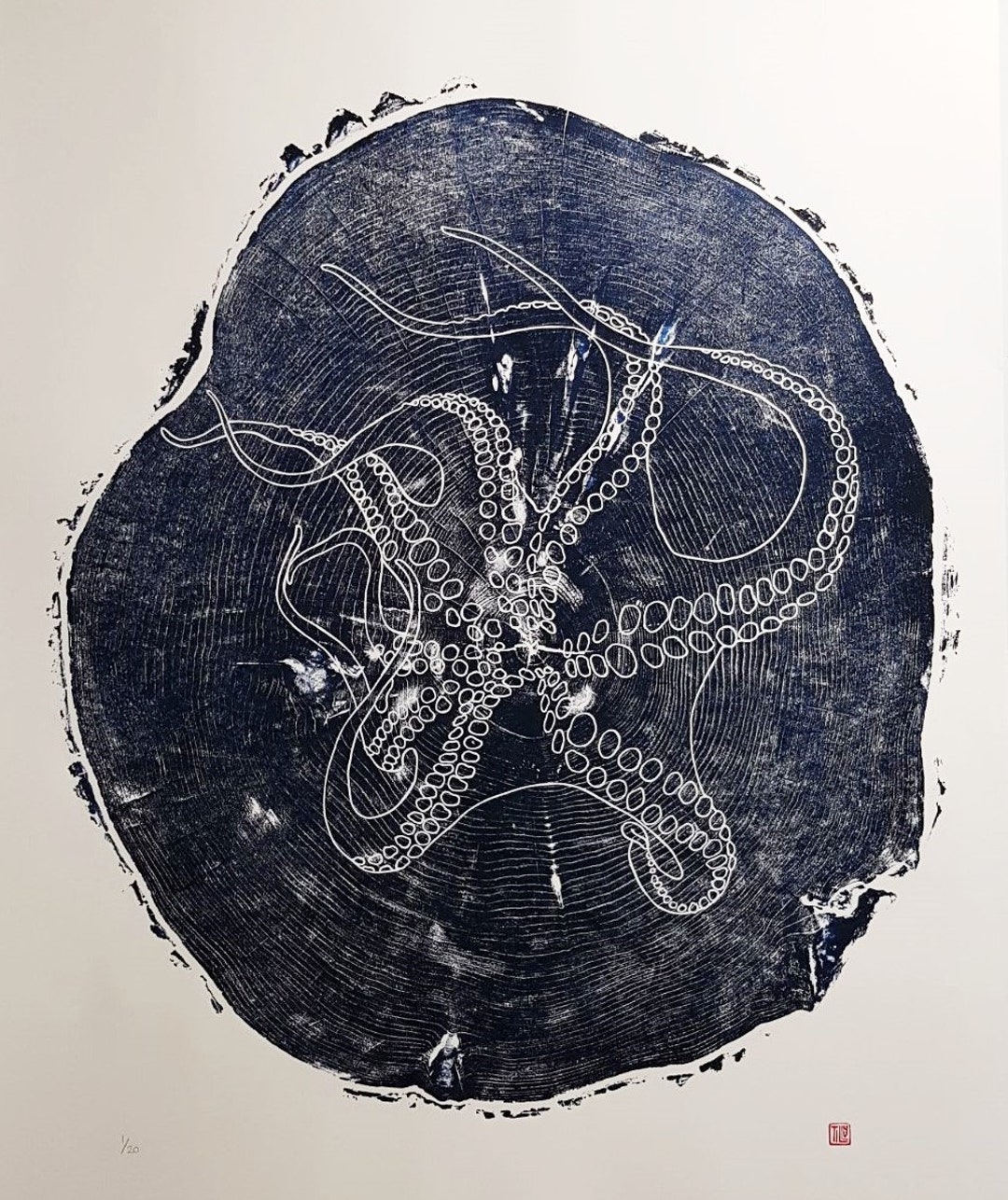 Octopus Woodcut, Huge Japanese Woodblock Print, Oversized, Tree Ring ...