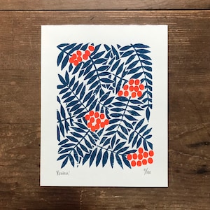 Rowan woodcut print, original woodblock print, printmaking, leaves, orange berries, botanical block print, pattern, blue