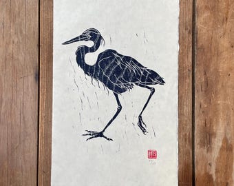 Heron Woodcut Print, Japanese Woodblock Art, Prussian Blue Bird, Limited Edition