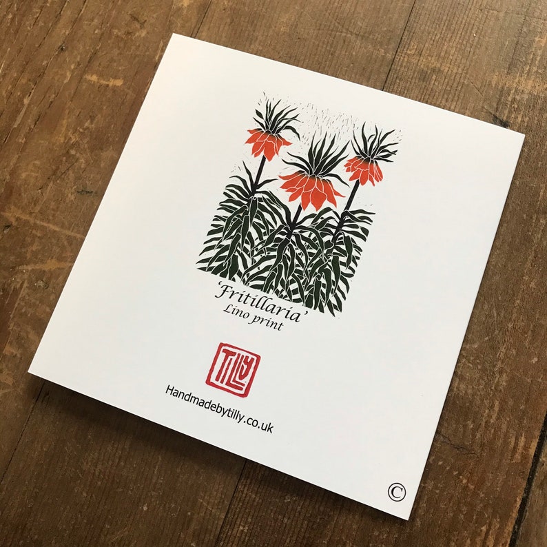 Fritillaria card , botanical lino print, linocut art card, printmaking, thank you, birthday card, blank, orange flower image 6