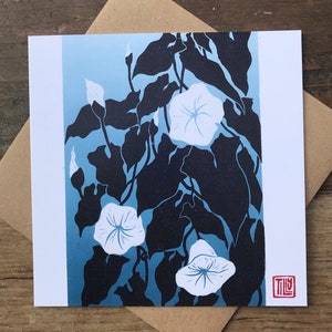 Lino print card, Bindweed, printmaking, blue print, Japanese woodblock print, birthday, thank you, note card, art card, blank