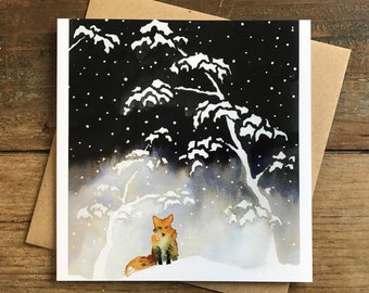 5 Fox Christmas cards, watercolour, set, snow, winter, ink, pack of greetings cards, art cards, uk, boxed set, recycled, animal, night sky
