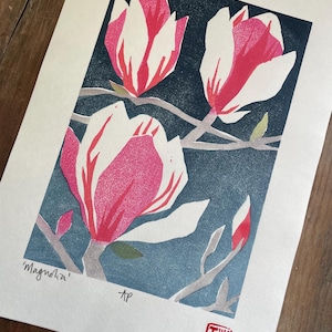 Magnolia woodcut, Japanese woodblock print, flowers, Pink, white, blue, original art print, wall art, printmaking block print