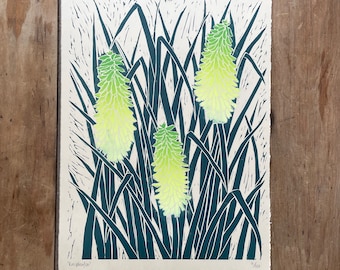 Large original linocut, lino print artwork, modern botanical art, lime green, blue, printmaking