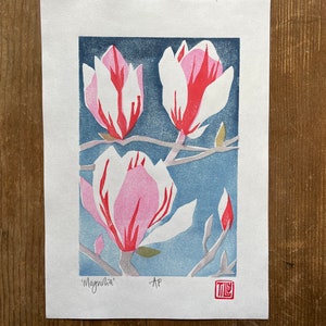 Magnolia woodcut, Slight second, Japanese woodblock print, flowers, Pink, white, blue, original art print, wall art, printmaking block print