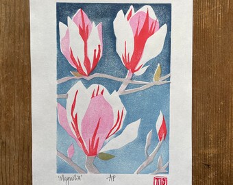 Magnolia woodcut, Slight second, Japanese woodblock print, flowers, Pink, white, blue, original art print, wall art, printmaking block print