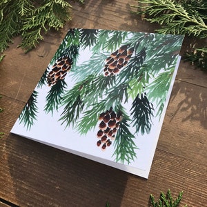 10 Pine Christmas cards, cone, pack of artist greetings cards, set, Watercolour, botanical, green, spruce, recycled, winter image 3