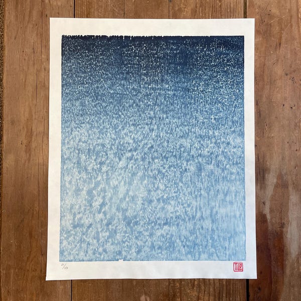 Grabado japonés en madera, obra de arte original de gran tamaño, grabado, azul de Prusia, textura, abstracto, xilografía