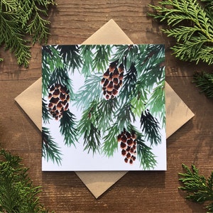 10 cartões de Natal de pinho, cone, pacote de cartões de felicitações de artista, conjunto, aquarela, botânico, verde, abeto, reciclado, inverno