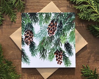 10 Pine Christmas cards, cone, pack of artist greetings cards, set, Watercolour, botanical, green, spruce, recycled, winter