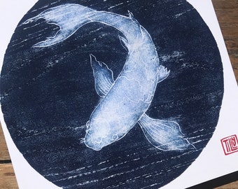 Koi card, woodcut print, blue, Japanese woodblock print, printmaking, thank you, birthday, blank