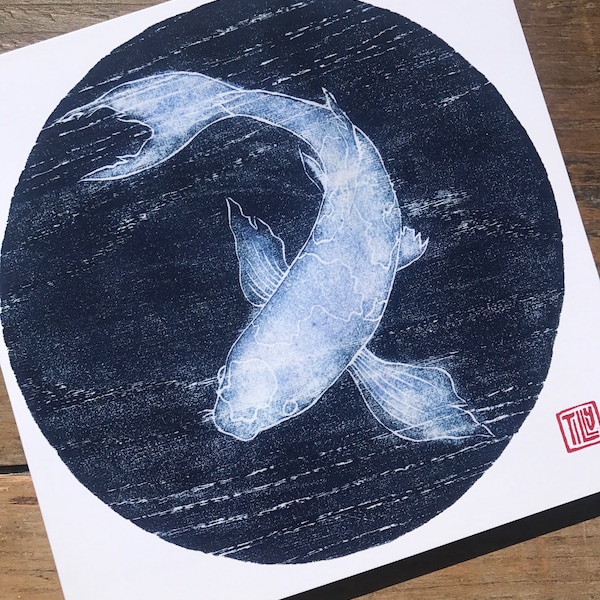 Koi card, woodcut print, blue, Japanese woodblock print, printmaking, thank you, birthday, blank