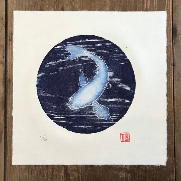 Impresión en madera de koi, xilografía, impresión en bloque, circular, obra de arte
