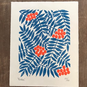 Rowan woodcut print, original woodblock print, printmaking, leaves, orange berries, botanical block print, pattern, blue