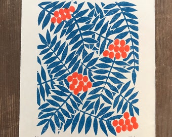 Rowan woodcut print, original woodblock print, printmaking, leaves, orange berries, botanical block print, pattern, blue