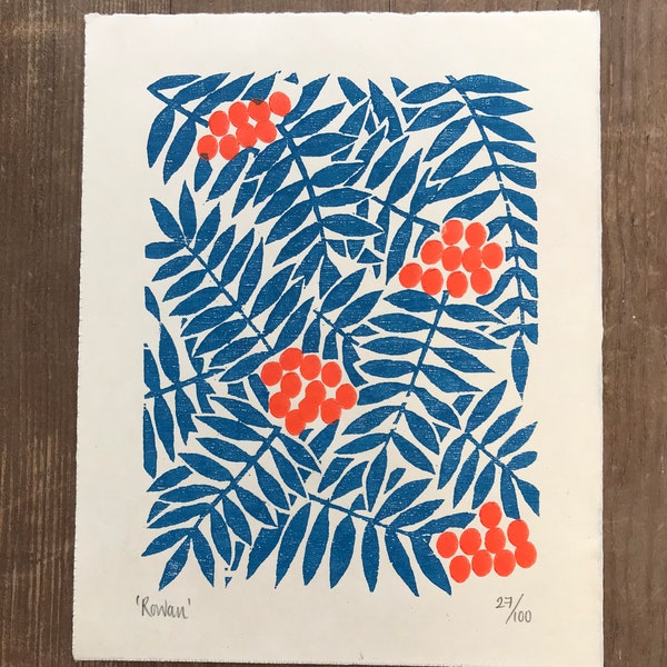 Rowan woodcut print, original woodblock print, printmaking, leaves, orange berries, botanical block print, pattern, blue