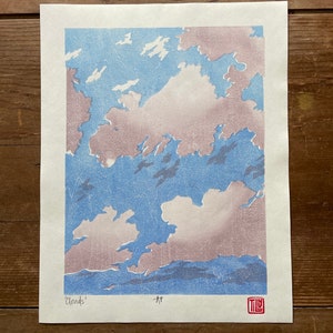 Clouds Japanese Woodblock print slight second, printmaking, woodcut, sky blue, print, artwork, hand pulled print, handmade, original