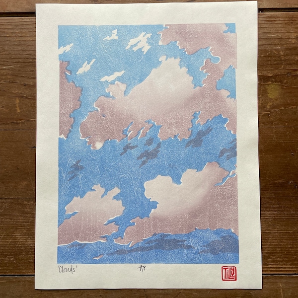 Clouds Japanese Woodblock print slight second, printmaking, woodcut, sky blue, print, artwork, hand pulled print, handmade, original