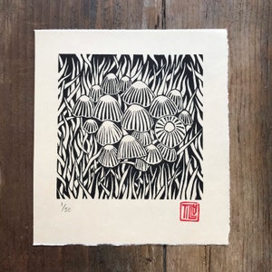 Mushrooms linocut, lino print, black and white fungi