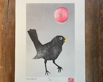 Blackbird woodcut, woodblock print, bird, sun, tree, japanese woodblock print, printmaking