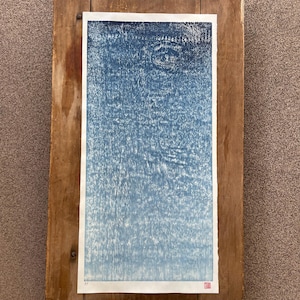 Large woodblock print, woodcut, Japanese woodblock print, printmaking, blue wood grain, original, artist proof