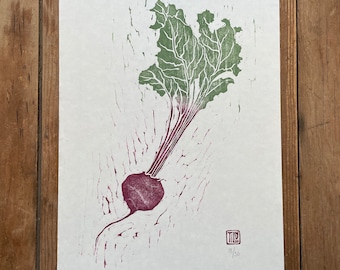 Beetroot woodblock print, woodcut, Japanese, hand pulled print, nature, printmaking, vegetable, leaves, kitchen wall art,  allotment