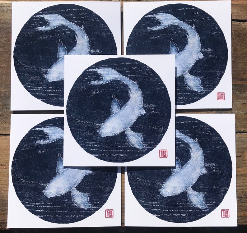 Pack of 5 Koi cards, woodblock print, nature, blue, blank inside, art, special, unique, woodcut, printmaking, fish, wood grain image 1