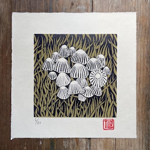 Mushrooms linocut, lino print, fungi block print