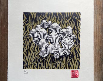 Linosnede met paddenstoelen, linoprint, blokprint met schimmels