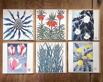 Set of 6 Lino Print Cards, Thistle, Poppy, Bindweed, Floral Art (15x15cm)