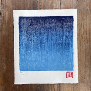 Blue Woodblock print, artwork, printmaking, Prussian blue, wall art, abstract, gift, Woodcut