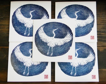 Pack of 5 Heron cards, woodblock print, nature, crane, blue, blank inside, art, special, unique