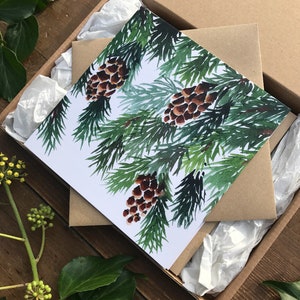 10 Pine Christmas cards, cone, pack of artist greetings cards, set, Watercolour, botanical, green, spruce, recycled, winter image 2