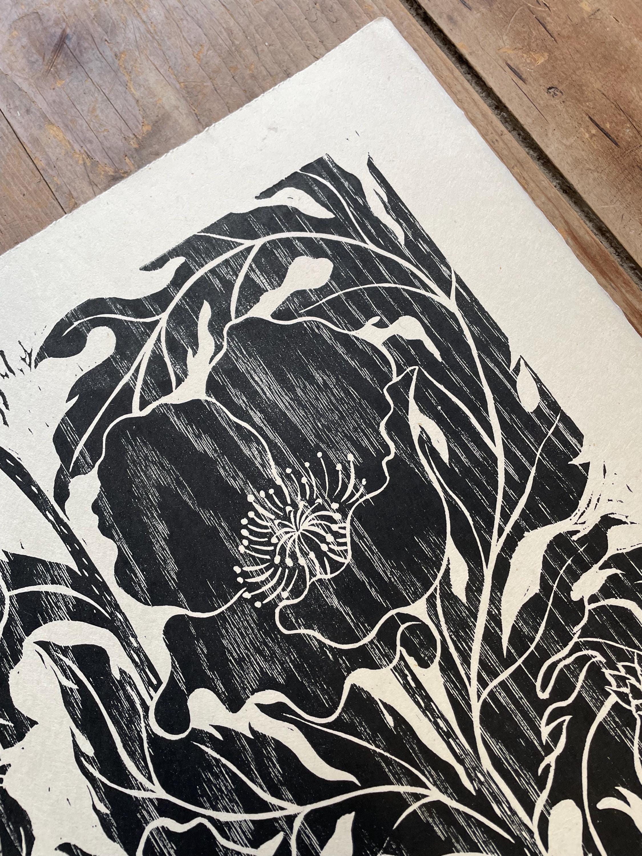 Poppy Woodblock Print, Woodcut, Printmaking, Large, Leaves