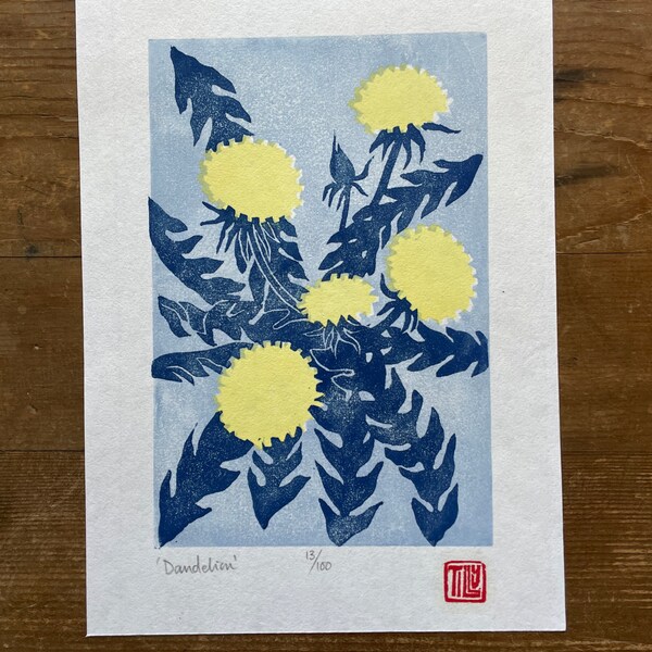 Dandelion woodcut, Japanese woodblock print, flowers, yellow, blue, original art print, wall art, printmaking, garden, block print