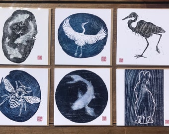Japanese woodblock print cards, 6 pack of cards, woodcut, printmaking, heron, hare, bee, wood slice, wood grain, art cards, blank, notelets