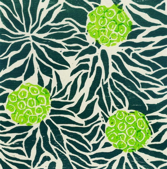 Euphorbia Woodblock Print Card, Botanical Art, Blank Card