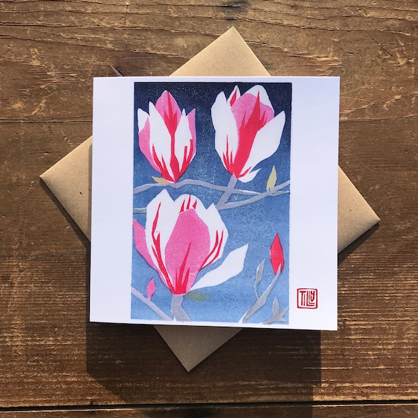 Pack of 5 magnolia cards, Japanese woodblock print, woodcut, printmaking, flower print, art