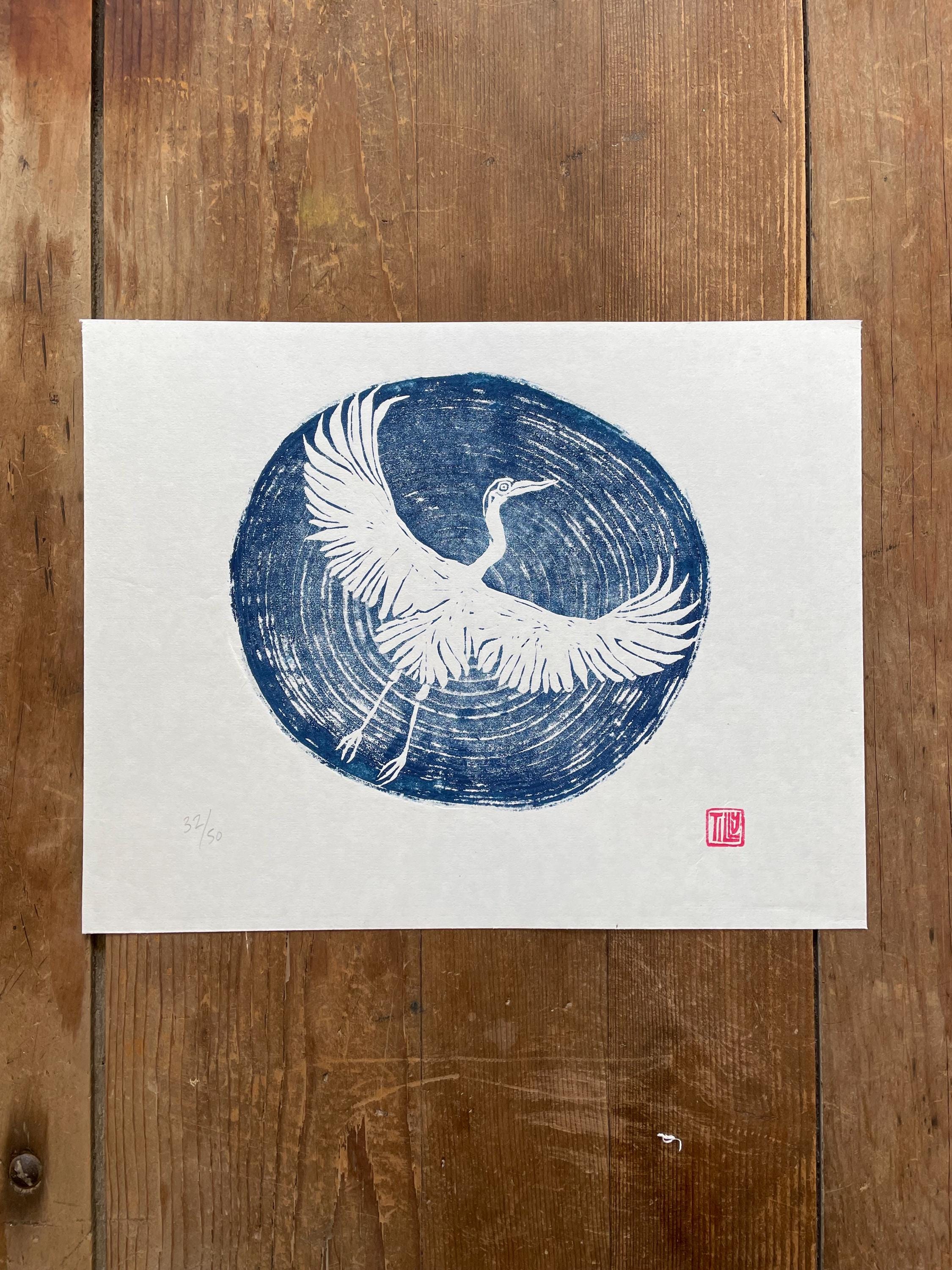 Heron woodblock print blue, woodcut, Japanese, hand pulled print, water, lake, ripples, nature, printmaking, wall art