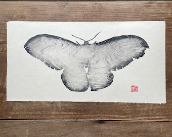 Moth original woodblock print, Large woodcut, wood grain, nature, printmaking,  wood wall art, Japanese print, black, block print