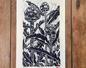 Artichoke Woodcut Print, Blue Botanical Wall Art