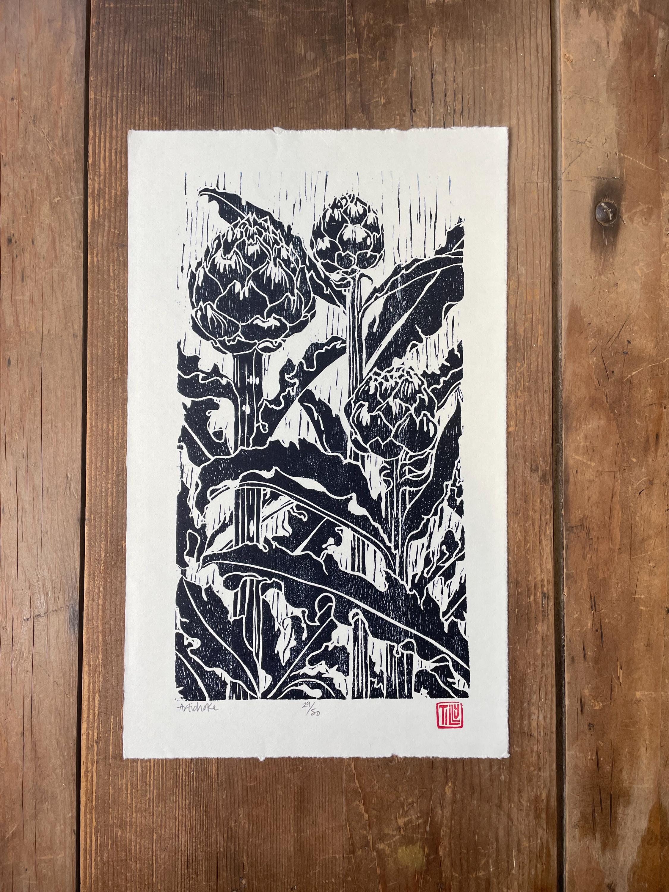 Artichoke Woodcut Print, Blue Botanical Wall Art - Etsy